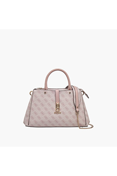 Guess حقيبة ساتشل مطبوعة بشعار مع حزام سلسلة قابل للفصل