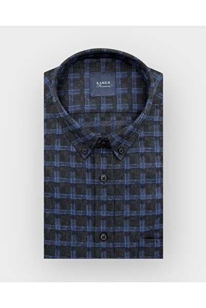 KAMER Men's Regular Fit Winter Long Sleeve Button-Up Collar Single Pocket Blue Plaid Shirt 3329m