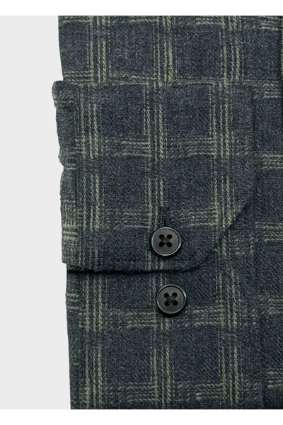 KAMER Men's Regular Fit Winter Long Sleeve Button-Up Collar Single Pocket Green Plaid Shirt 3329Y