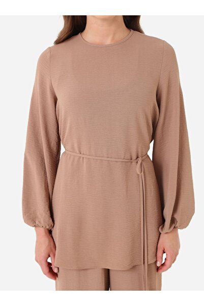 Refka Βασικό Σετ Τουνίκ & Παντελόνι με Λεπτομέρεια Ζώνης με Μανίκια Μπαλόνι - Βιζόν -