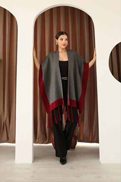 bacc Anthracite Tasseled Color Block Winter Knitwear Shawl Bces-253005