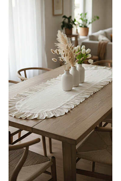 Mery Tekstil %100 Pamuk Ham Keten 40x110 CM Fırfırlı Oval Runner