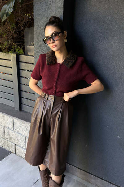 FABB Kahverengi Deri Bermuda Şort