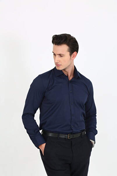 Hazhers Класична чоловіча сорочка Slim Fit однотонна з дихаючою тканиною з еластаном, комір сорочки