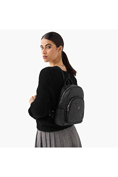 United Colors of Benetton UCB Monogram Print Backpack with Adjustable Shoulder Straps