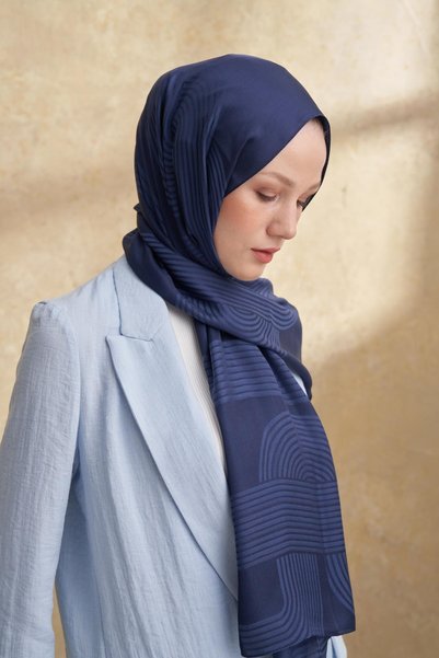 ARMANDA Fiori Jakar Line Pattern Shawl - Navy Blue