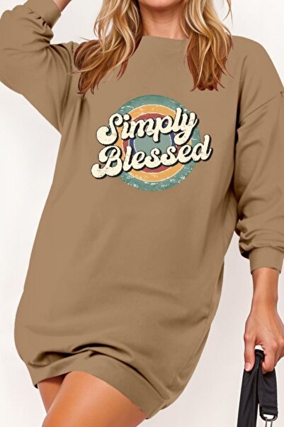 Mossta Φόρεμα με μακρύ μανίκι από βισκόζη με δύο κλωστές Yaz με τύπωμα - Μπεζ