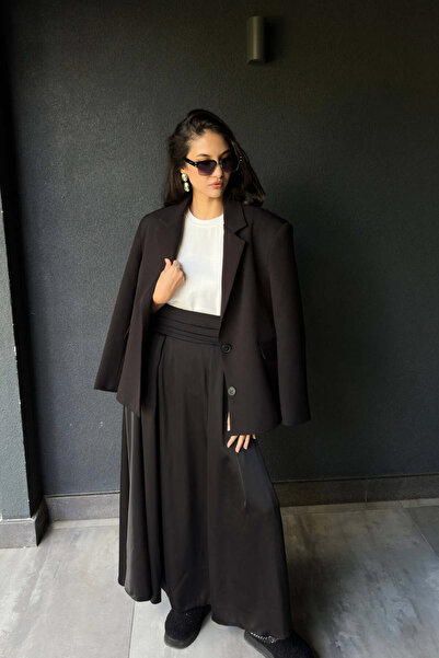 FABB Siyah Saten Belden Bağlamalı Midi Boy Etek