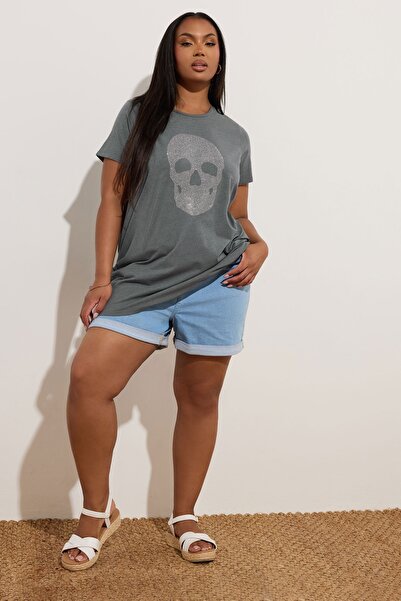 Stil Diva Plus Size Crew Neck Short Sleeve Skull Printed Rhinestone T-Shirt 304131
