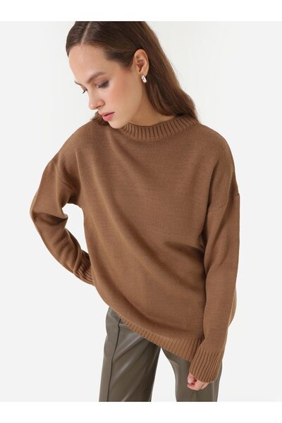 Benin Bisiklet Yaka Basic Triko Kazak - Koyu Vizon -