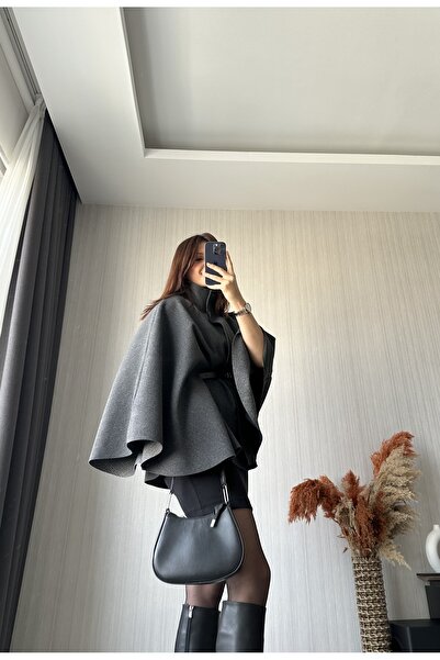 ButikNo35 Antrasit Kemerli Kaşe Panço Kaban