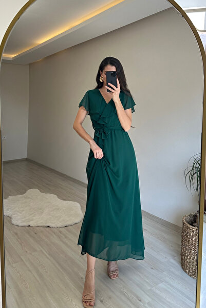 Neşeli Butik Women V-Neck Belted Maxi Chiffon Dress Nm008