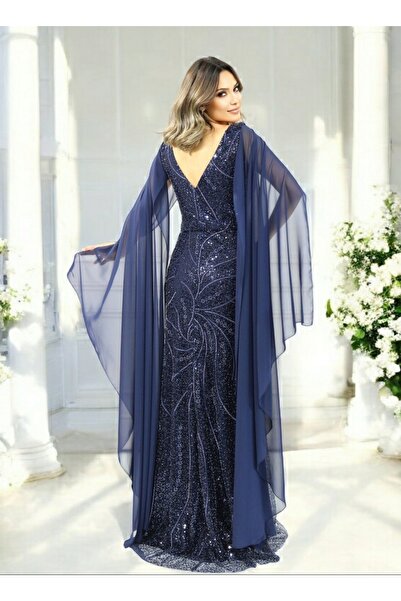 FaBe Fashion V YAKA ŞİFON PELERİN KOLLU KUMAŞ ÖZELLİKLİ BONCUKLU ELBİSE