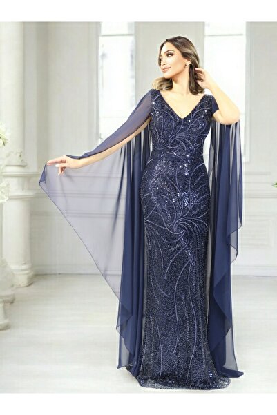 FaBe Fashion V YAKA ŞİFON PELERİN KOLLU KUMAŞ ÖZELLİKLİ BONCUKLU ELBİSE