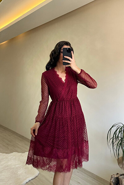 Neşeli Butik Women Double Breasted Collar Lace Tulle Dress Nm010