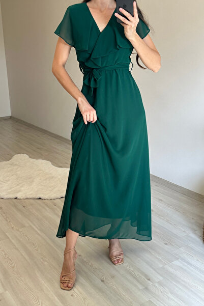 Neşeli Butik Women V-Neck Belted Maxi Chiffon Dress Nm008