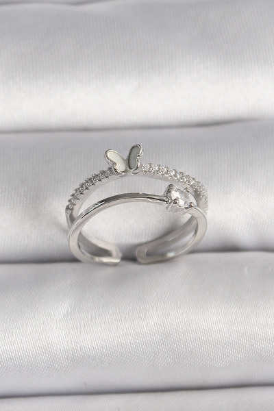 Mustran النحاس الفضة اللون الزركون حجر الفراشة الشكل حلقة قابلة للتعديل