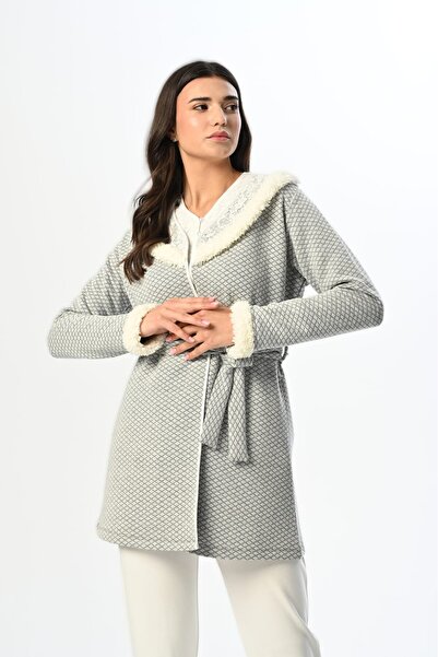 Pelin Women's Gray Lace Detailed Patterned Maternity 3-Piece Pajama Set