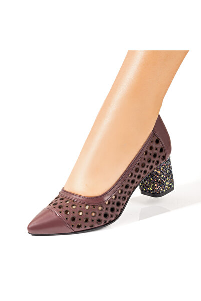 Modlet.ro Women's burgundy glitter perforated leather heeled shoes MOD10233