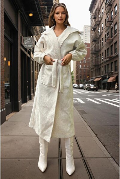 Pasaklı Giyim Women's Balloon Sleeve Long Shawl Collar Pocket Thick Knitwear Loose Coat