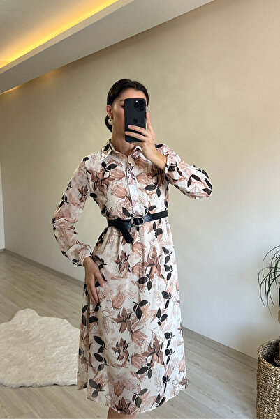 Neşeli Butik Women's Patterned Shirt Collar Midi Dress Nm011