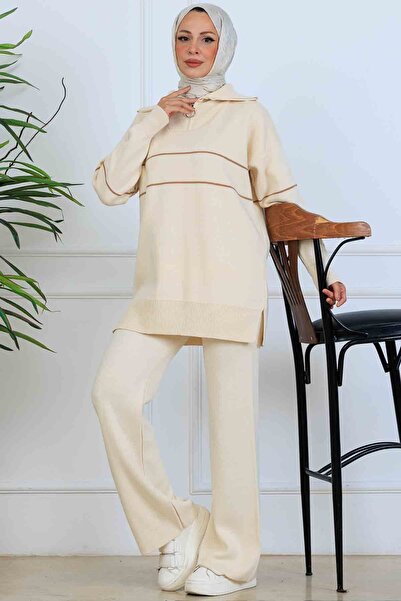 benguen Σετ πλεκτό με ρίγες με φερμουάρ στο λαιμό S1050 Χρώμα πέτρας