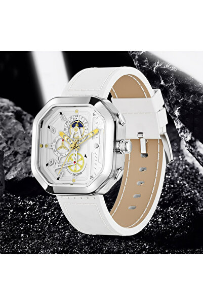 Lige Men's Watch Octagon Leather Chronograph Date White