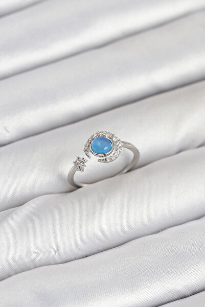 Mustran خاتم نسائي من حجر الزركون الفضي النحاسي على شكل نجمة القمر