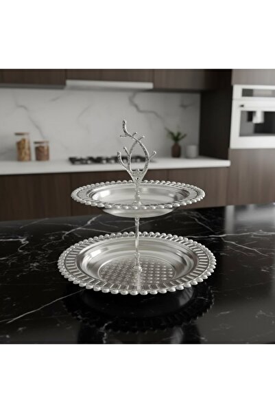 FAIR HOME Magnolia Two-Tier Round Silver Color Serving Tray