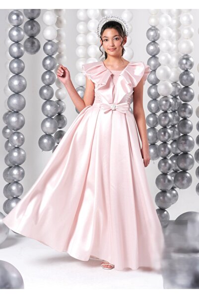 Lidya Kids ÖN VOLAN DETAYLI TAŞLI TAFTA UZUN ELBİSE