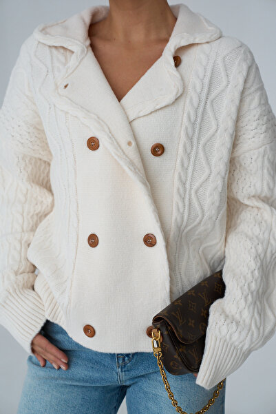 Lupies Women's Cream Double Breasted Knitted Pattern Buttoned Knitwear Cardigan