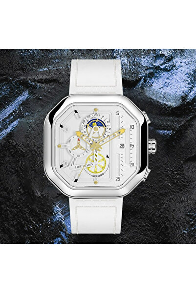 Lige Men's Watch Octagon Leather Chronograph Date White