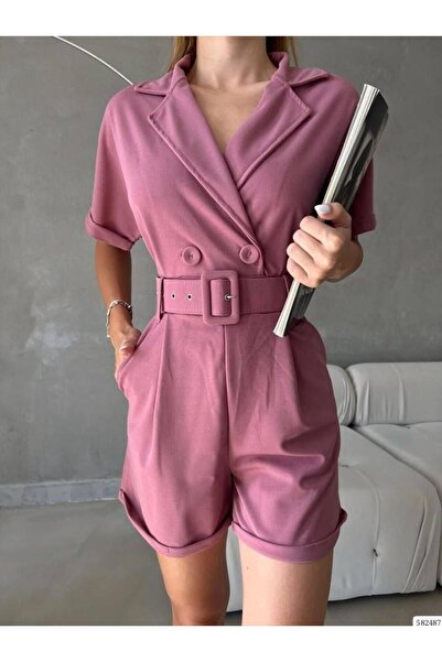 rengamoda Women's Woven Crepe Fabric Belted Shorts Jumpsuit (Color)