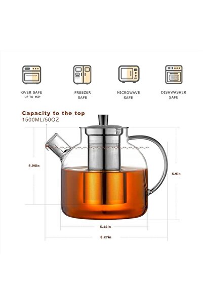Ehugos Glass Tea Kettle 1500ml (50oz) with Removable Stainless Steel Infuser, Stove-Safe Teapot for