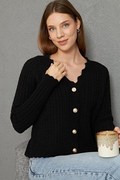 Irmak Kerekli Women's V-Neck Pearl Button Soft Textured Hair Knitwear Cardigan 70917