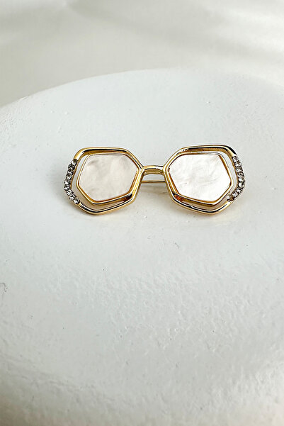 Modex Kenarları Taş Detay Geometrik Şekilli Beyaz Gözlük Broş (4cm)