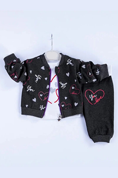 Generic Brand Heart Patterned Cardigan Cotton 3-Piece Baby Girl Set