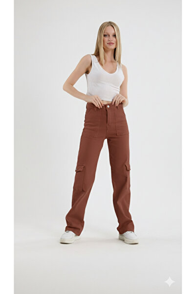 By Caspita Fashion Women's High Waist Wide Leg Brown Cargo Pocket Pants Jeans