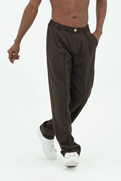 RELAXL 4 Seasons Striped Fake Button Wide Leg Brown Baggy Pants