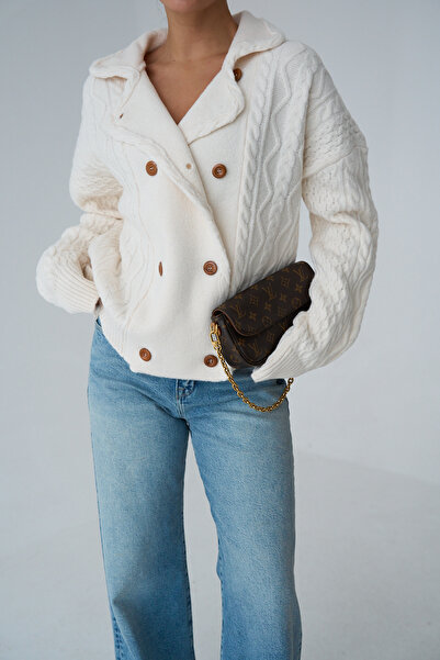 Lupies Women's Cream Double Breasted Knitted Pattern Buttoned Knitwear Cardigan