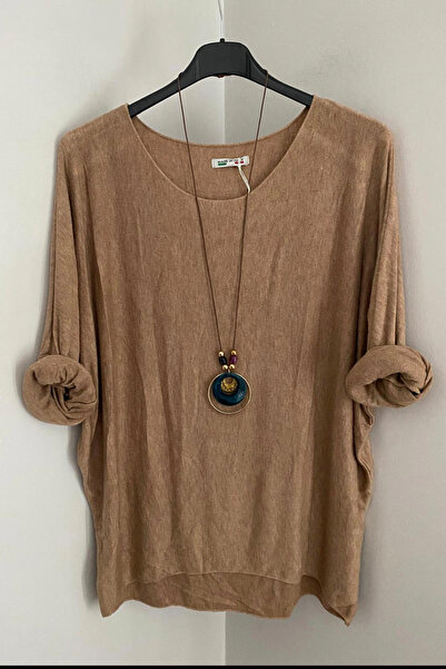 AYASOFYA OTANTIK Bluză casual din tricot pentru femei, italiană, camel, cu ac...