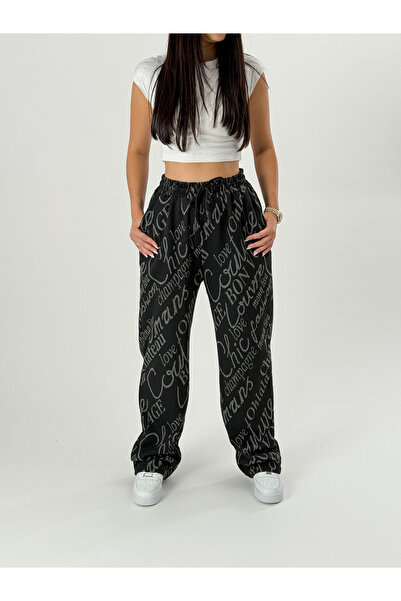 COCOPELLI Pantaloni largi cu model cu imprimeu de reviste negre pentru femei ...