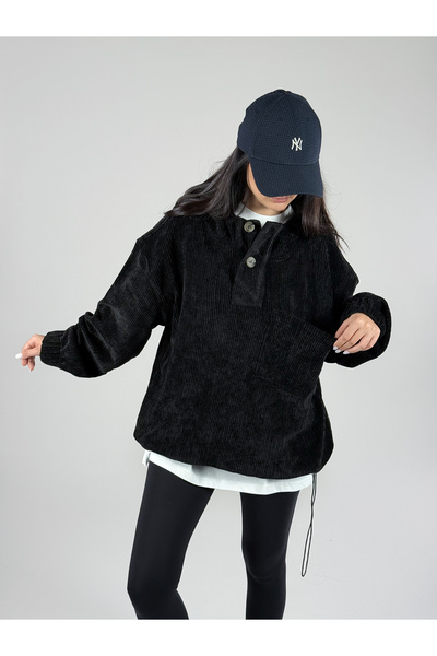 COCOPELLI Kadın Siyah Kadife Oversize Kapüşonlu Sweatshirt COC1186