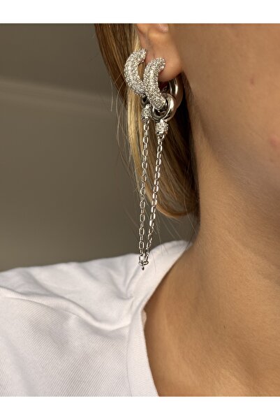 mysteriajewelry Özel Seri Gümüş Renk Zirkon Taş Detaylı Küpe (ZİNCİRLİ VEYA SADE KULLANIM)