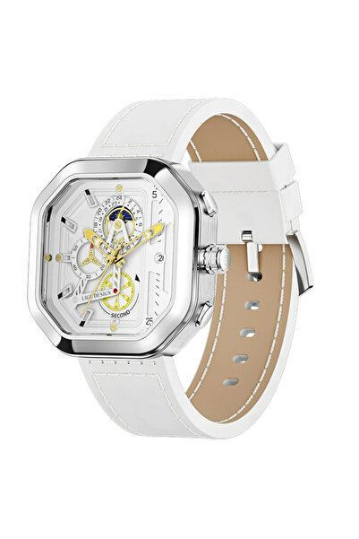 Lige Men's Watch Octagon Leather Chronograph Date White
