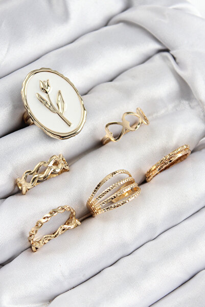 Mustran مجموعة خواتم نسائية من حجر الزركون والنحاس على شكل زهرة التوليب باللون الذهبي