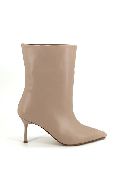 Shoebutik Lana Bej Deri Bol Kesim KadınTopuklu Boti
