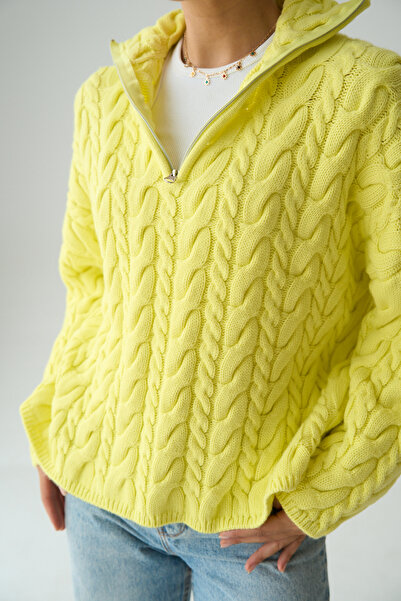 Lupies Women's Yellow Turtleneck Zippered Knitted Oversize Sweater