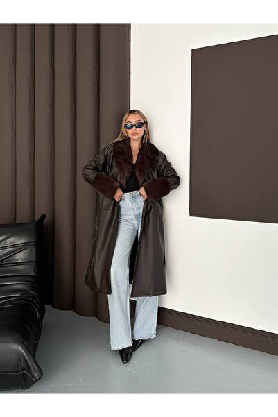 D'RECCY KADIN YAKASI KÜRK UZUN SUNİ DERİ KABAN