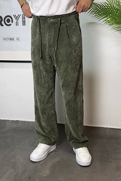 ROY501 Erkek Kadife Baggy Pantolon Erkek Fitilli Kadife Baggy Pantolon Pileli Geniş Paça Kadife Pantolon